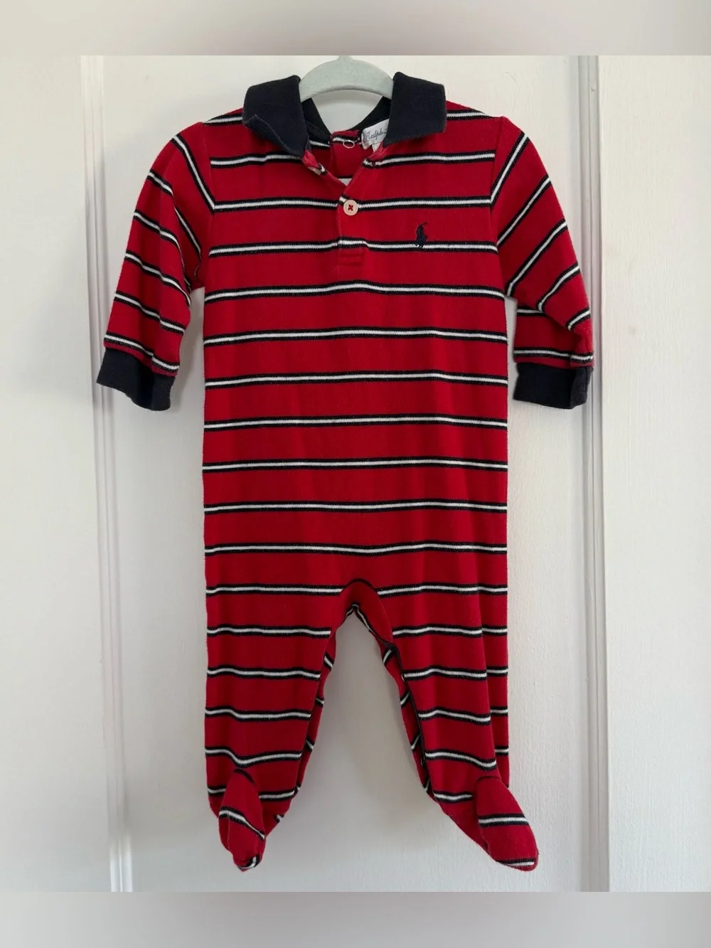 Ralph Lauren Footed One-Piece Collared Red & Navy Striped Sz 6-9m
